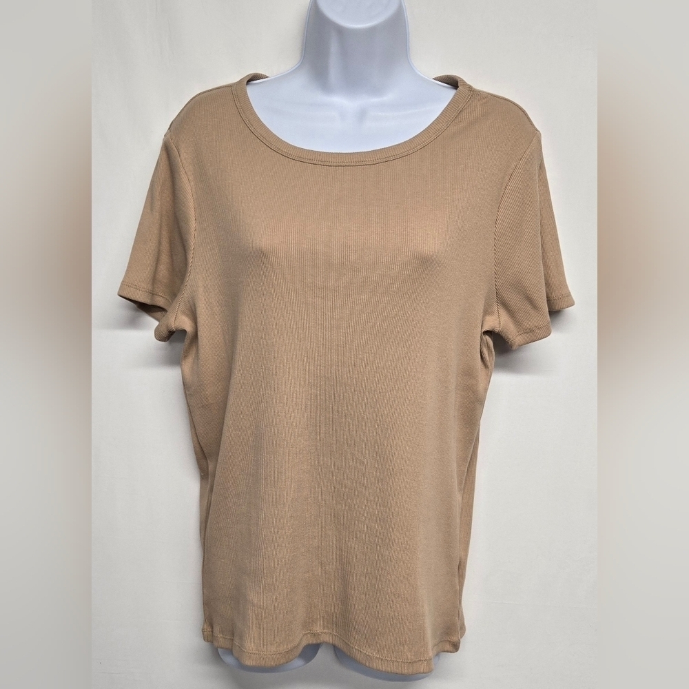 Time And Tru L 12 - 14 Beige Ribbed Top Short Sleeve Stretch